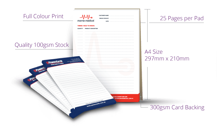 A4 Notepad 25 Pages per pad specs