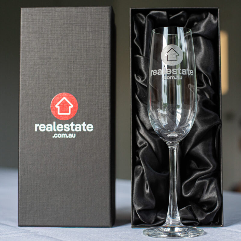 Glassware 215ml Crystaline Champagne Glass Promotional Gift Includes Engraving & Setup corporate