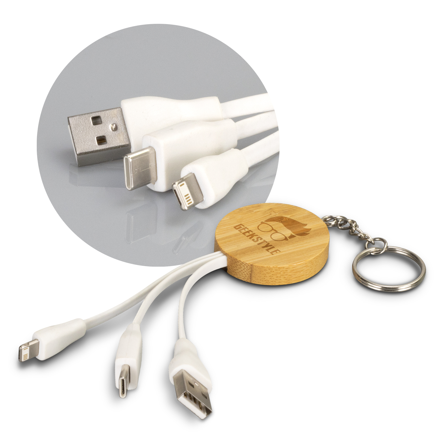 Charging Cables Bamboo Charging Cable Key Ring – Round -