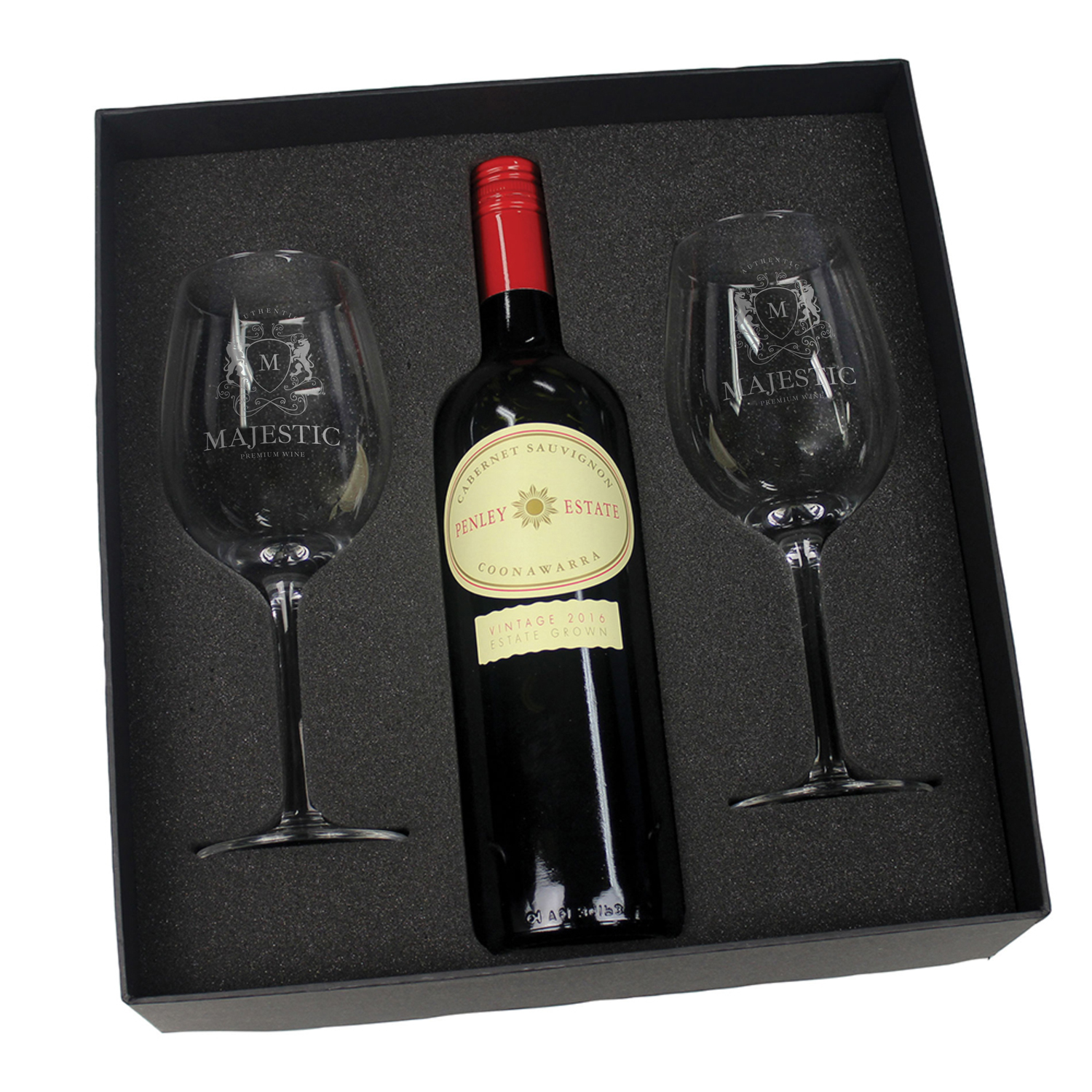 Drinkware Laser Engraved Double 350ml Wine Glass Corporate Set with Wine Bottle Space champ
