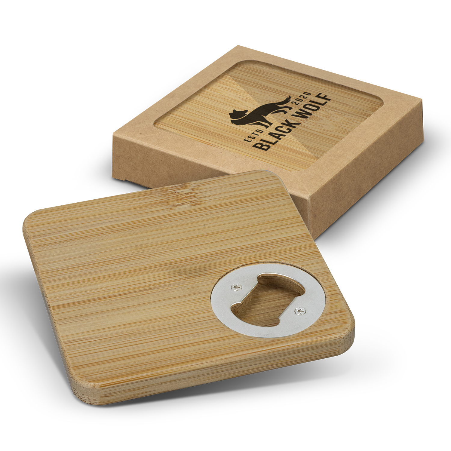 Natural Bamboo Bottle Opener Coaster Set of 2 – Square -